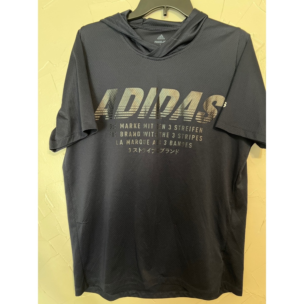 Adidas Short Sleeve Hoodie Mens Large Navy Blue Good Climalite FreeLift Graphic